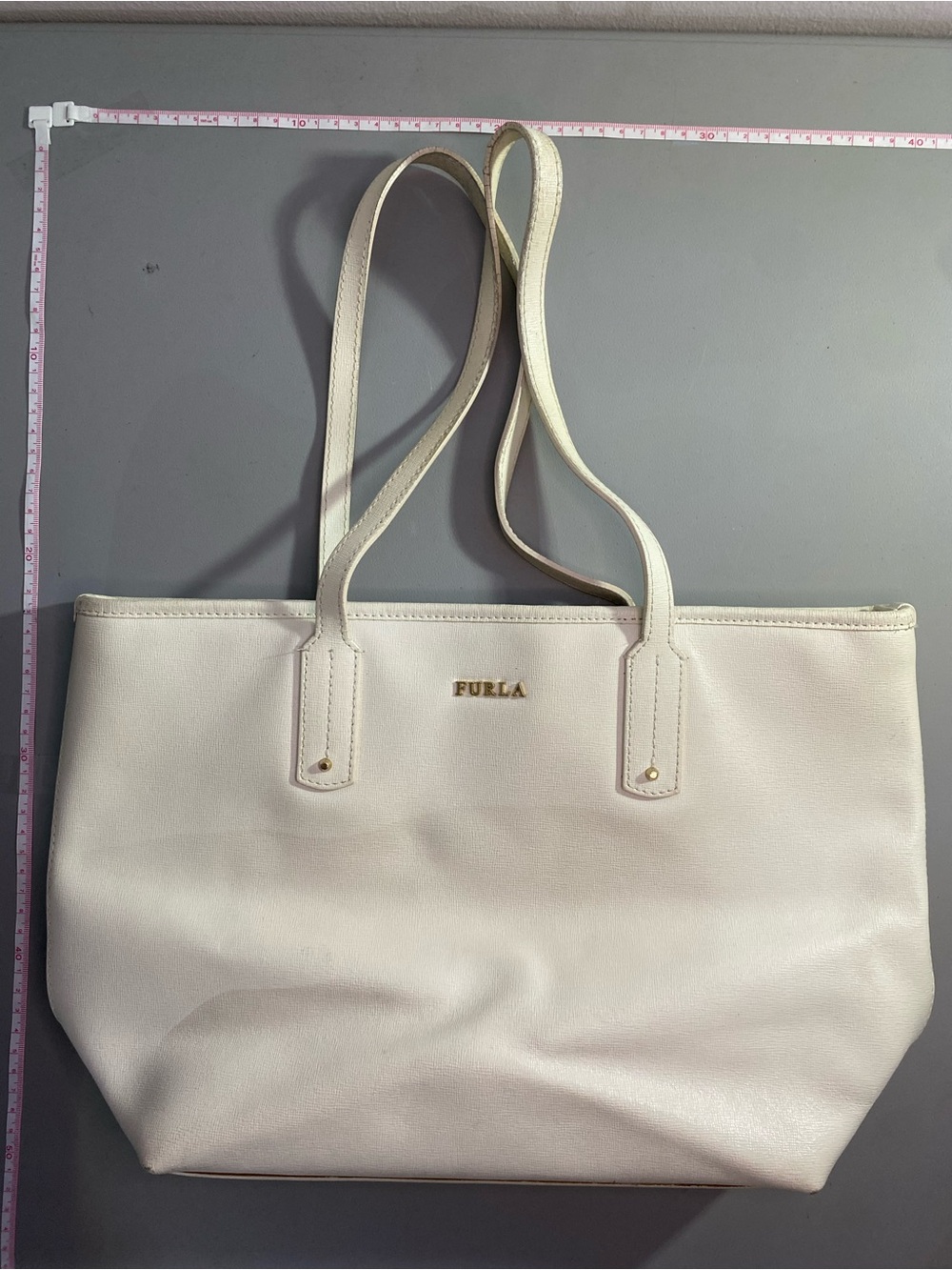 Furla Ivory Genuine Leather Tote with Gold Logo Made in Italy